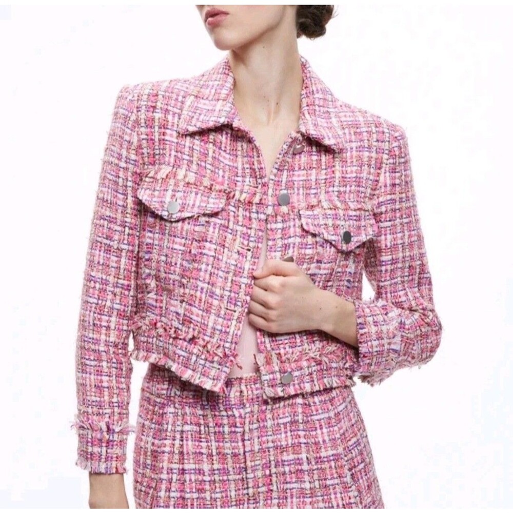 House of Harlow 1960 Women’s Size M Pink Tweed Cropped Blazer Button Jacket